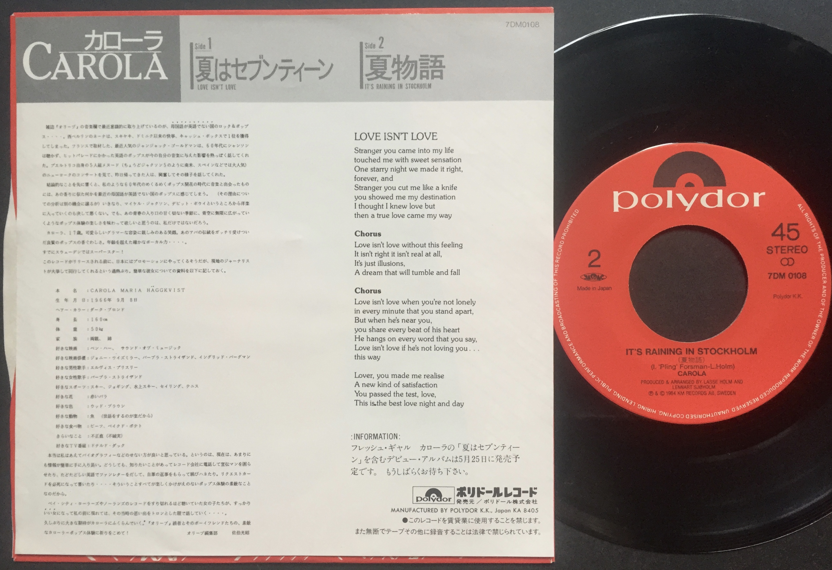 CAROLA - Love isn´t love Japanese PS 1984 - 2