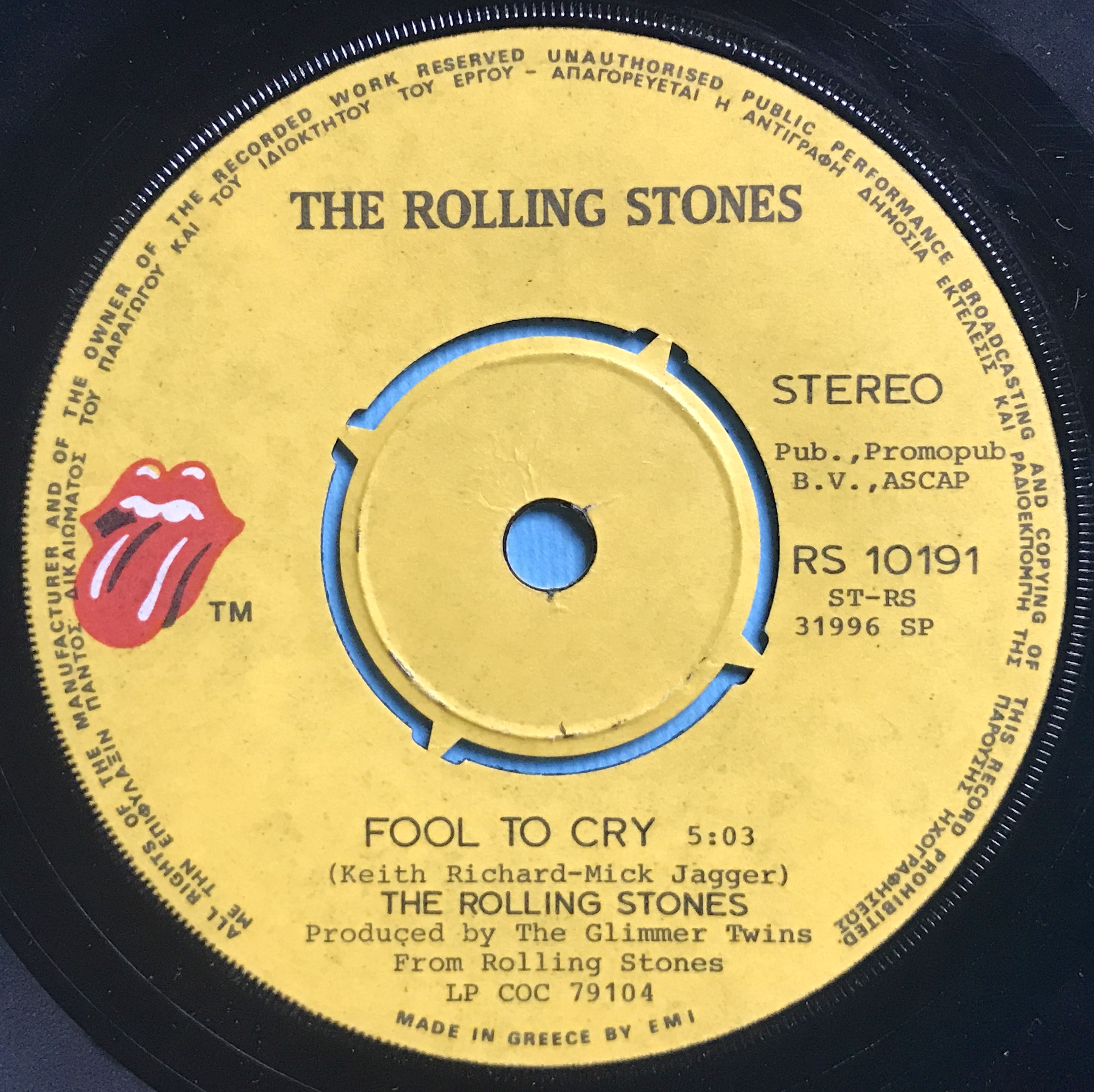ROLLING STONES - Fool to cry GREEK 45 1976