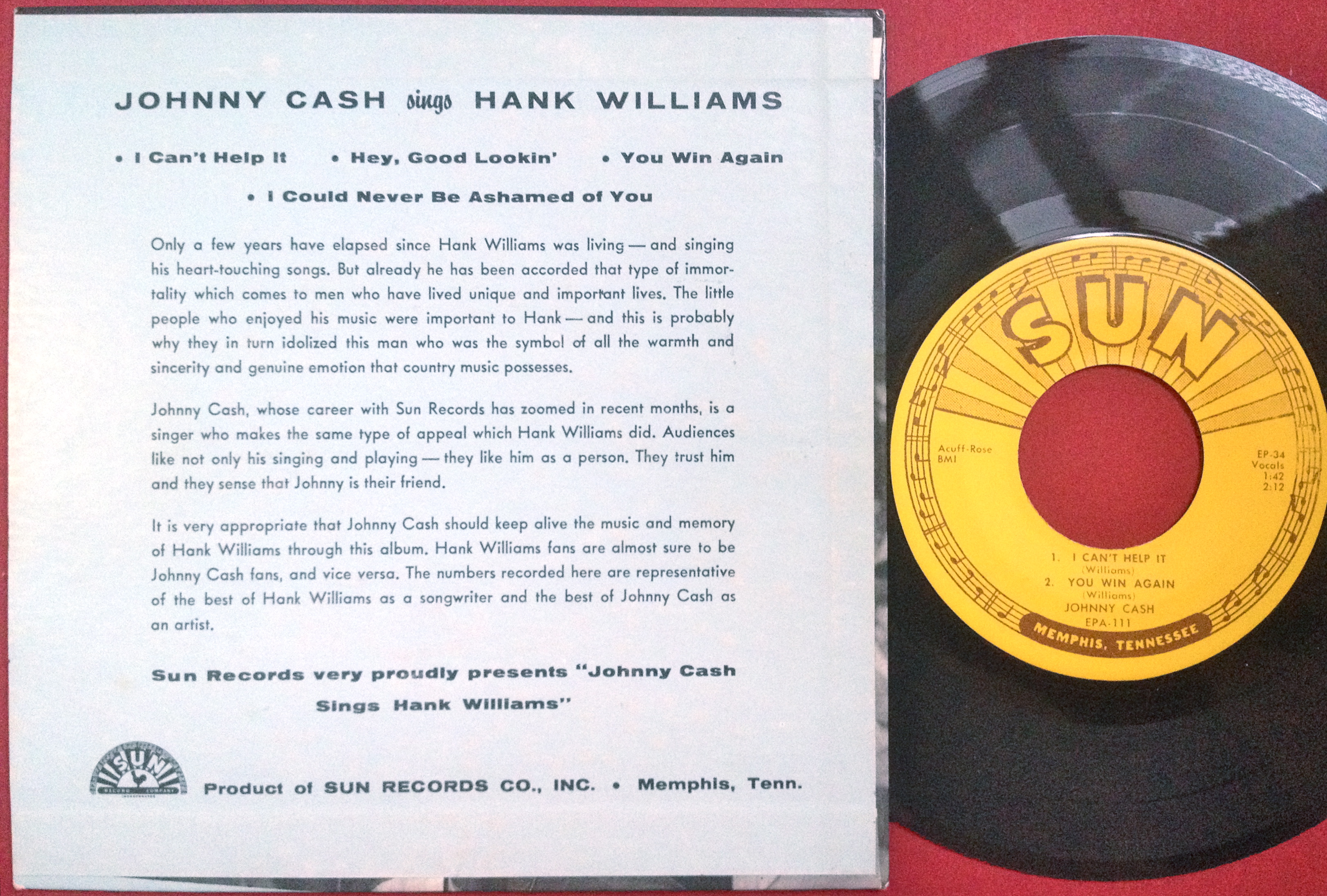 JOHNNY CASH - Sings Hank Williams US SUN EP 1958 - 2
