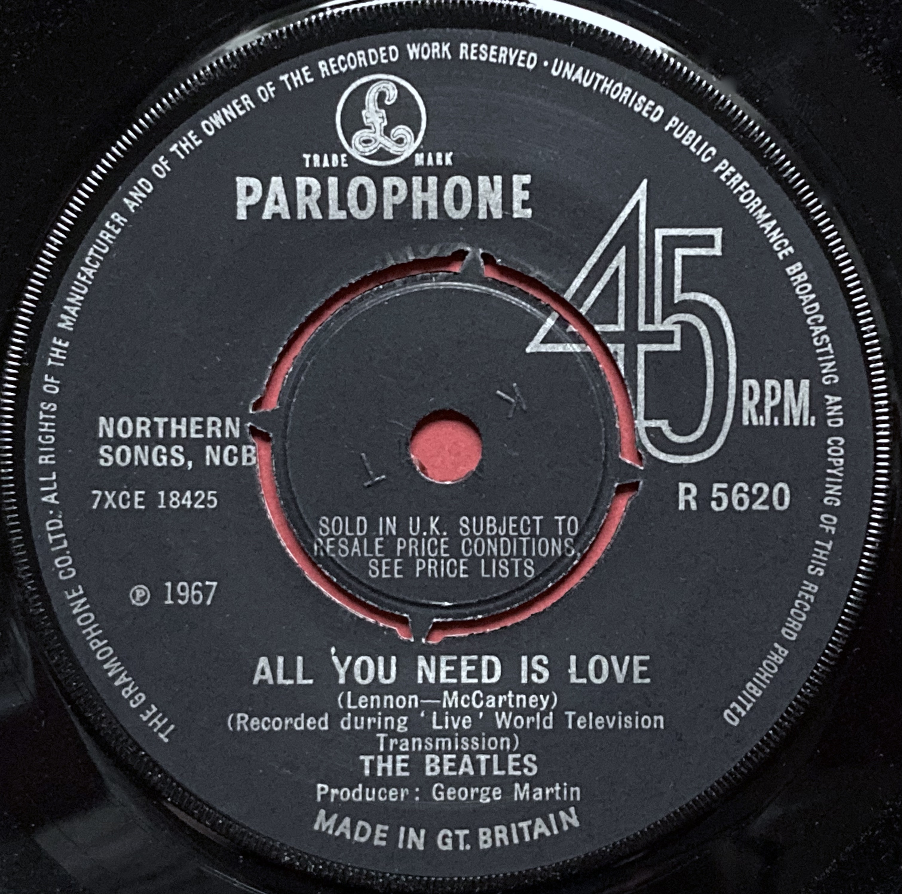 BEATLES - All you need is love 7" SVART Jeff Beck topplista UK/Swe PS 1967 - 3