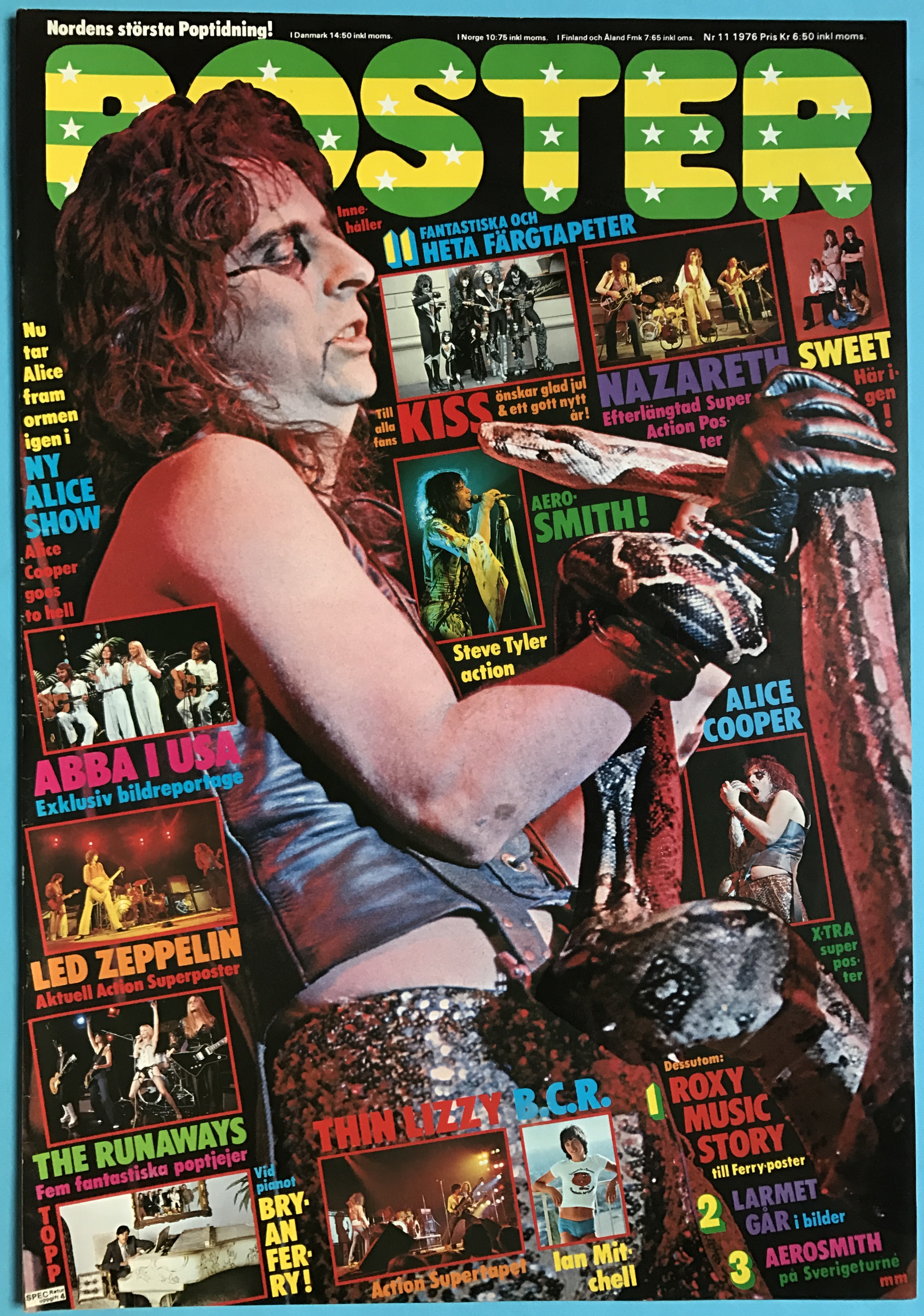 TIDNINGEN POSTER - No 11 1976 ALICE COOPER omslag OVIKT / NYSKICK!!
