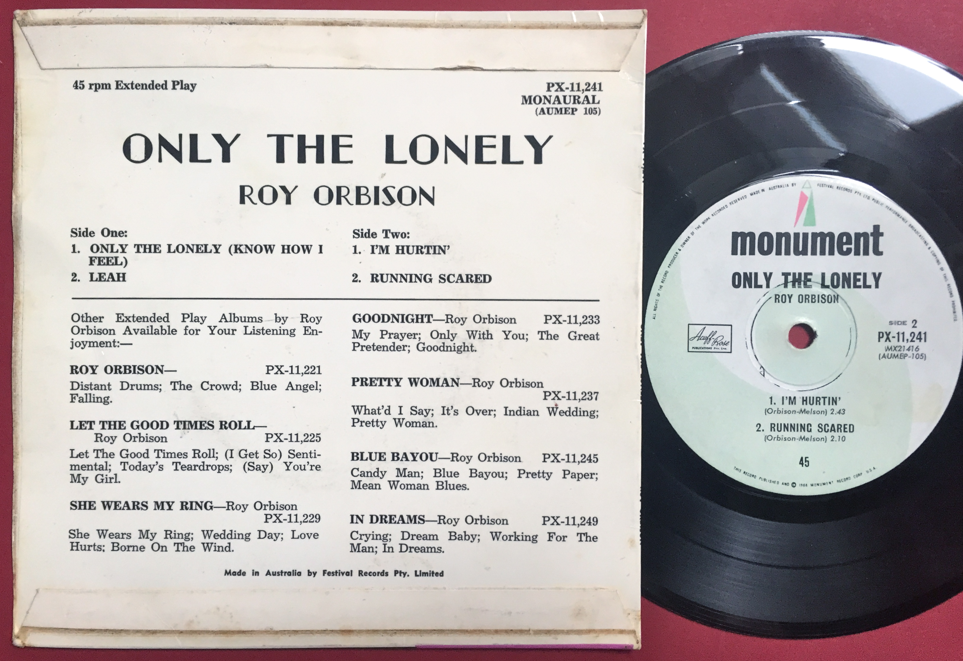ROY ORBISON - Only the lonely +3 EP Australien 1966 - 2