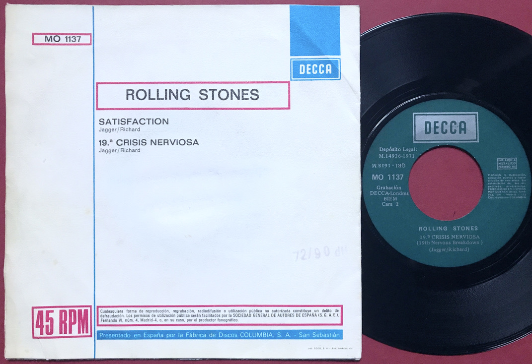 ROLLING STONES - Satisfaction / 19th nervous breakdown Spansk PS 1971 - 2