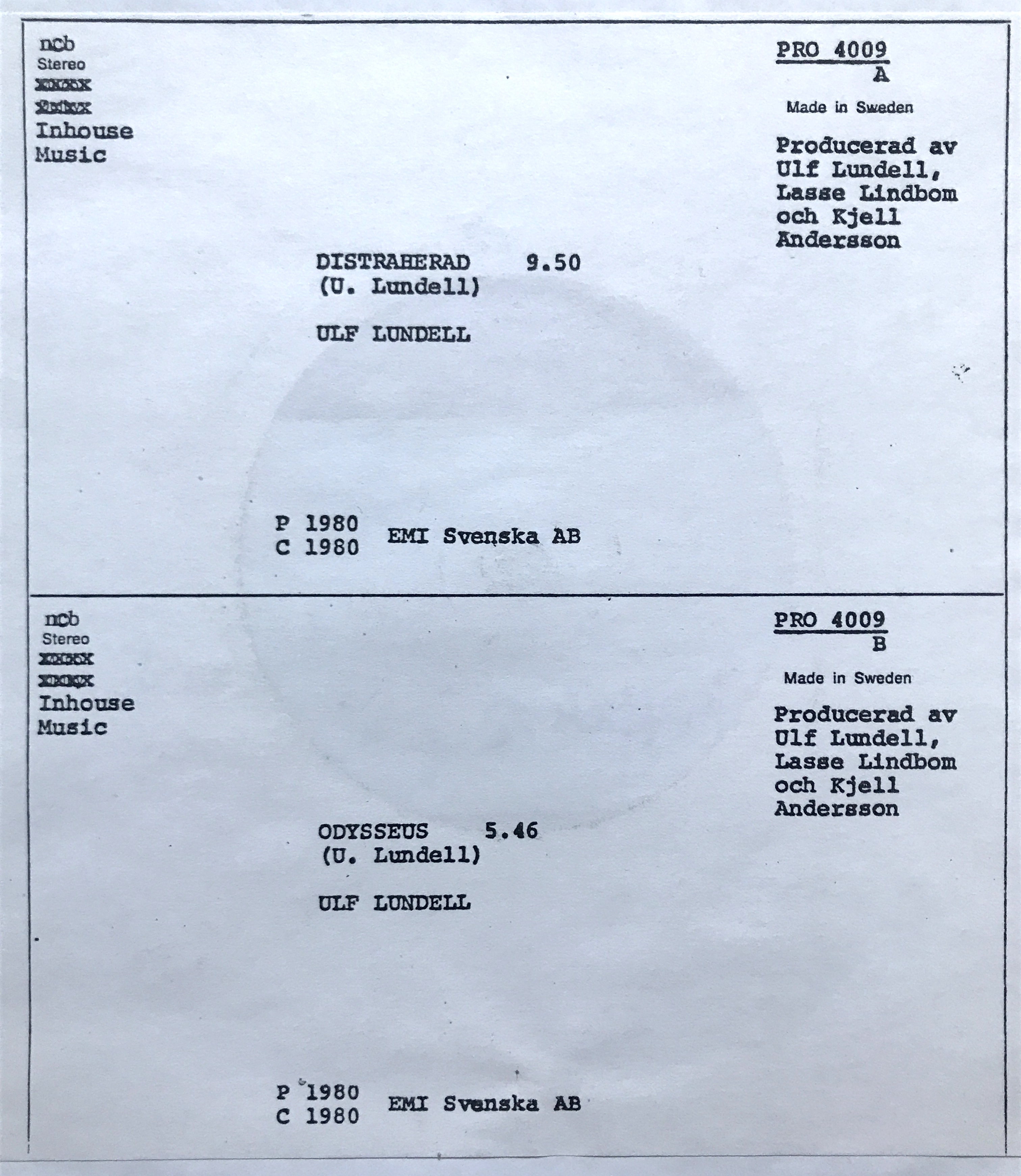 ULF LUNDELL - Distraherad Swe-orig TEST PRESSING 12" Maxi 1980 - 2