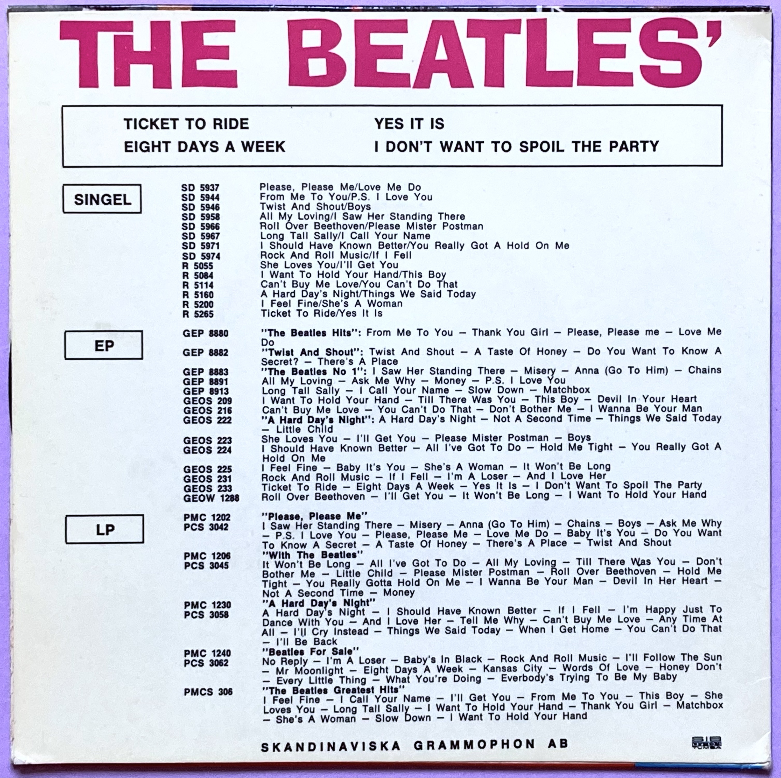 BEATLES - Ticket to ride +3 Swe EP 1965 - 2
