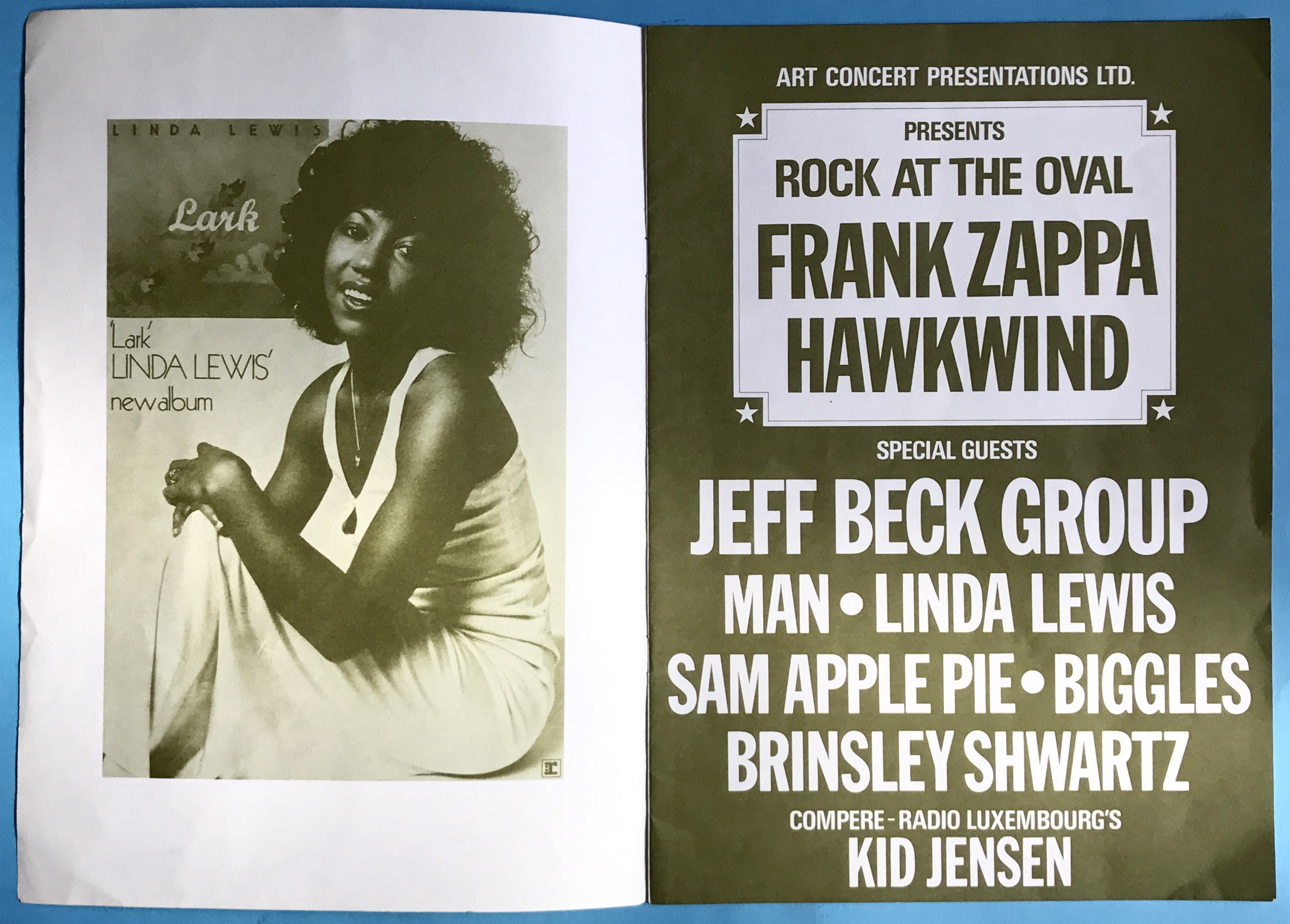 HAWKWIND Zappa JEFF BECK Brinsley Schwarz MAN Sam Apple pie LINDA LEWIS - Rock at the Oval konsertprogram 1972 - 2