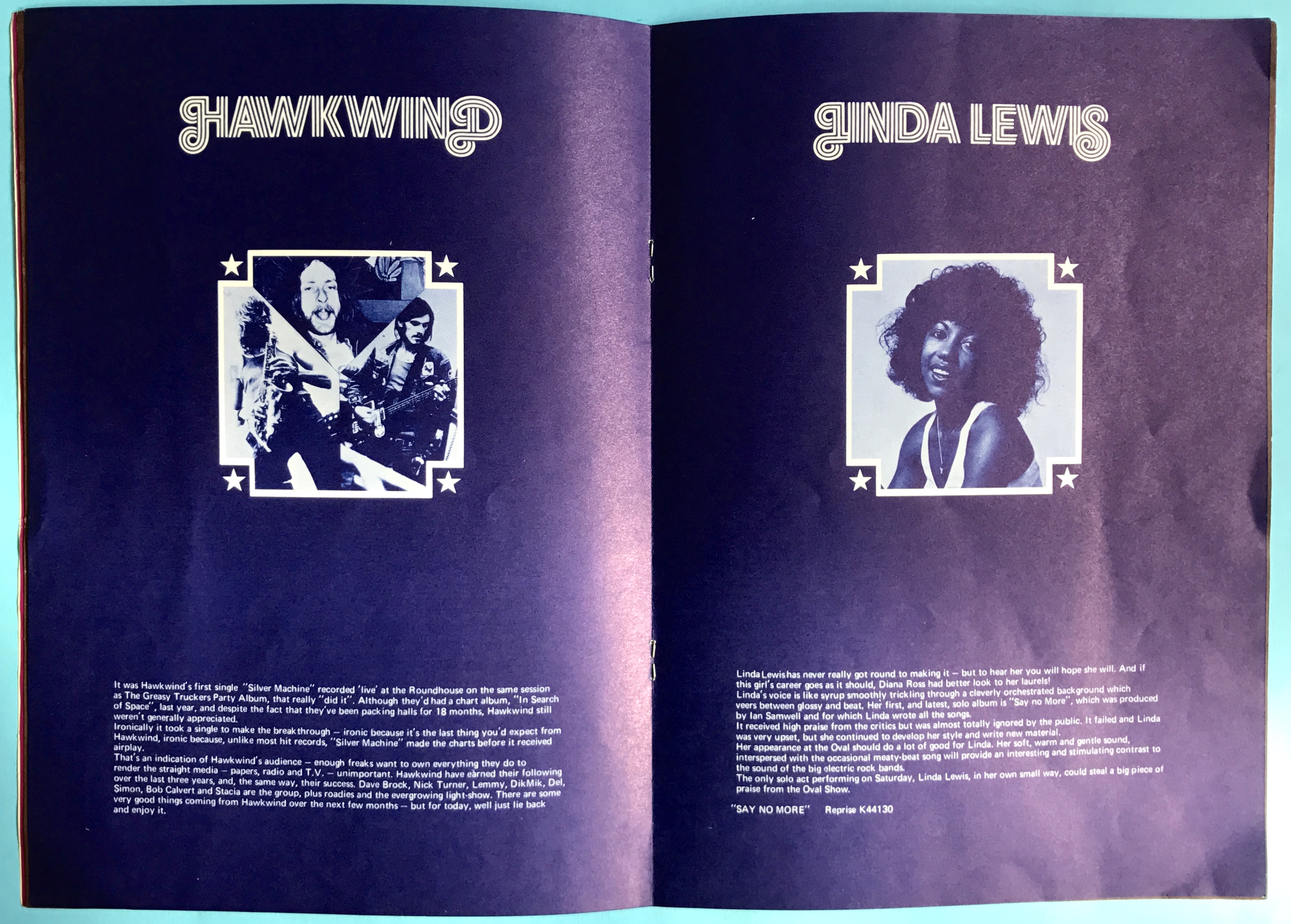 HAWKWIND Zappa JEFF BECK Brinsley Schwarz MAN Sam Apple pie LINDA LEWIS - Rock at the Oval konsertprogram 1972 - 4