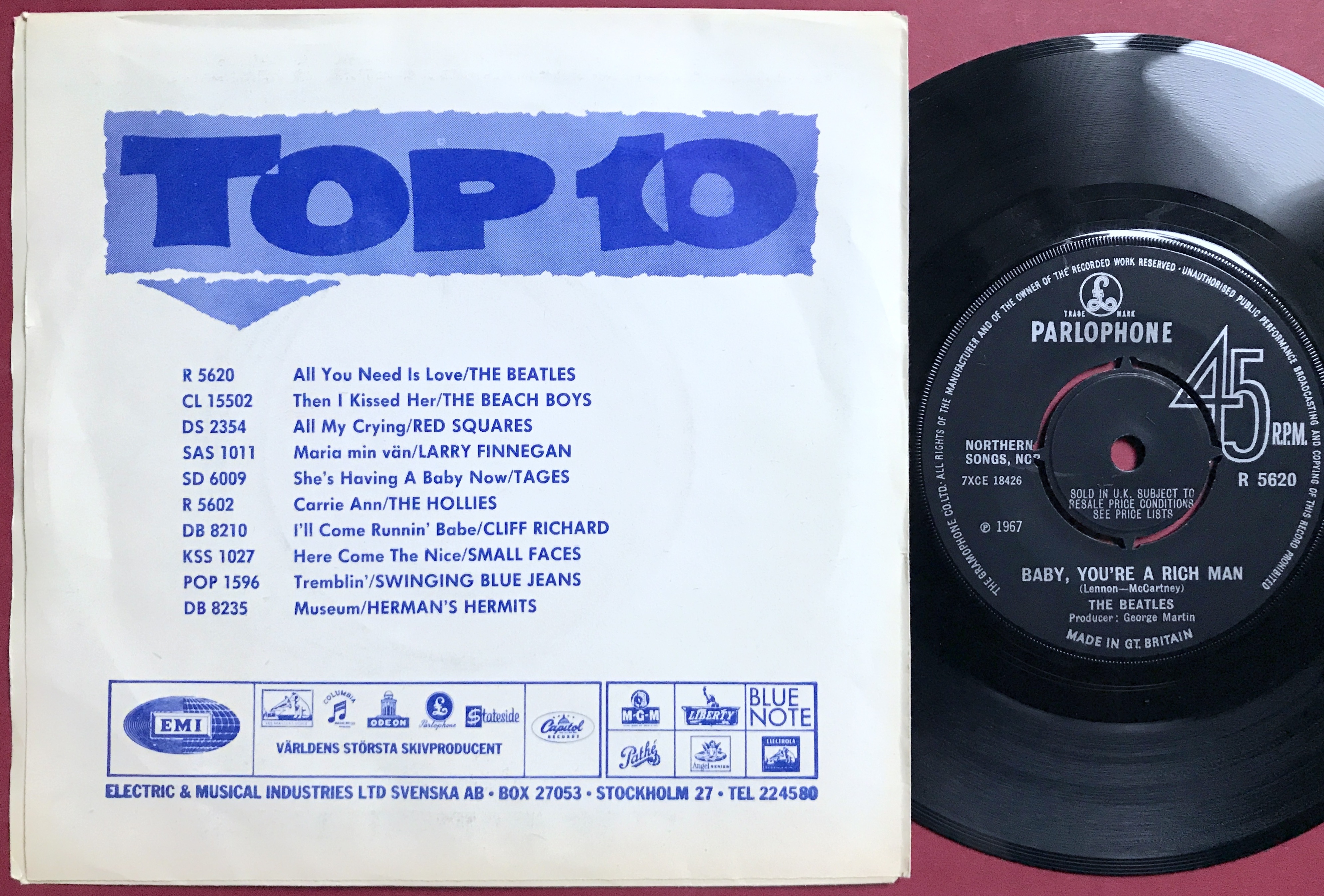 BEATLES - All you need is love 7" Medelblå/Herman´s topplista Swe PS 1967 - 2