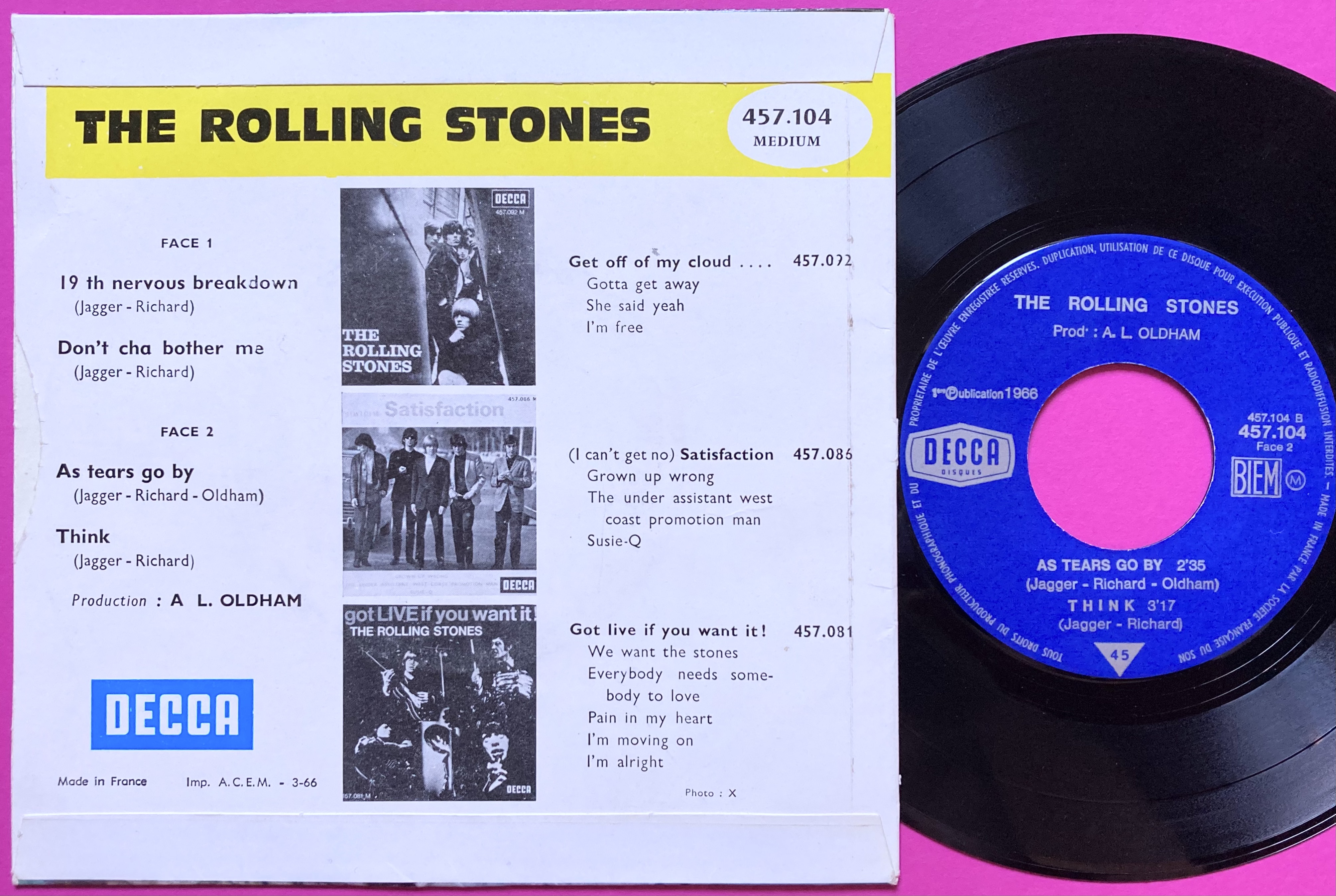 ROLLING STONES - As tears go by +3 Fransk EP 1966 - 2