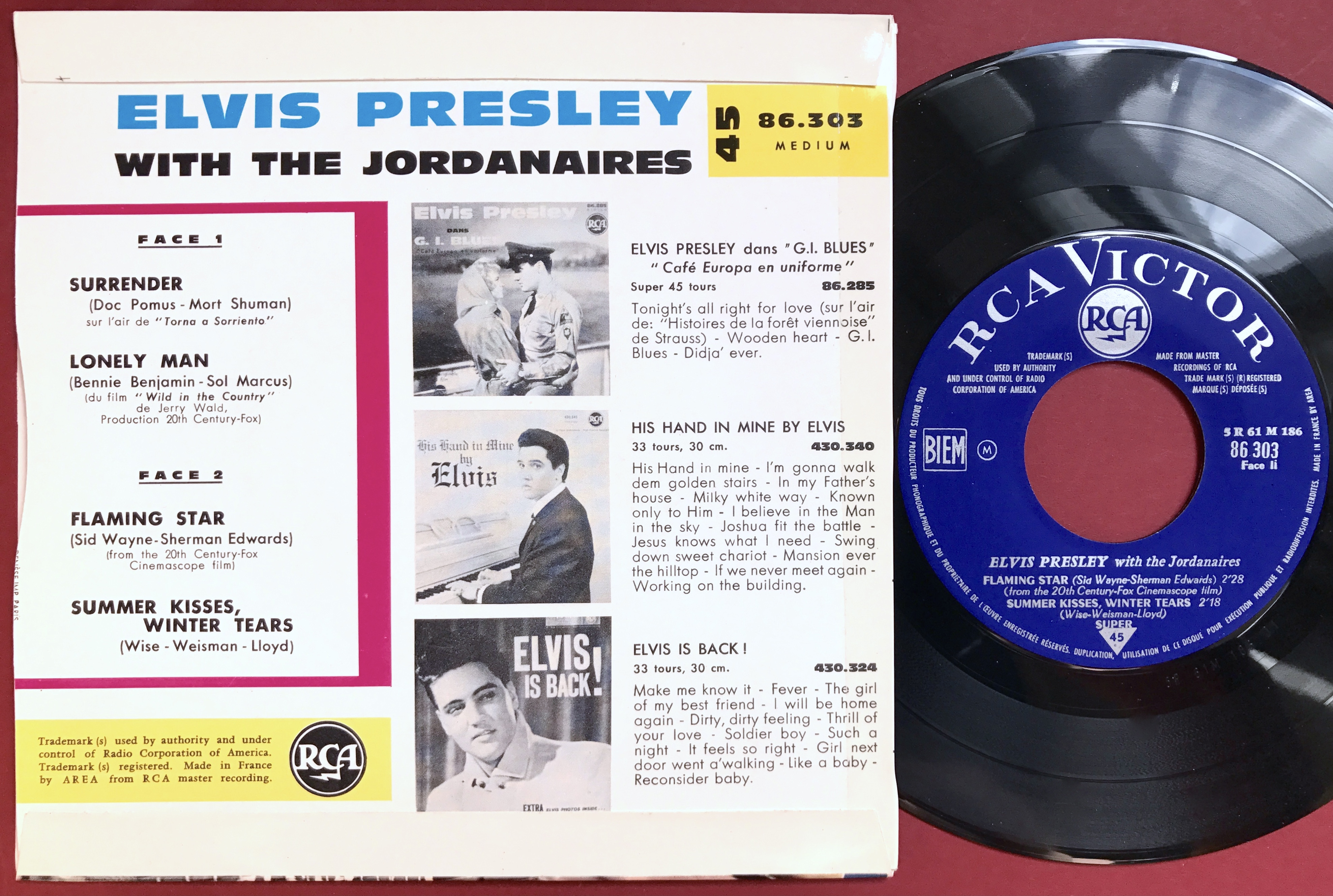 ELVIS PRESLEY - Surrender + 3 Fransk EP 1961 M-! - 2
