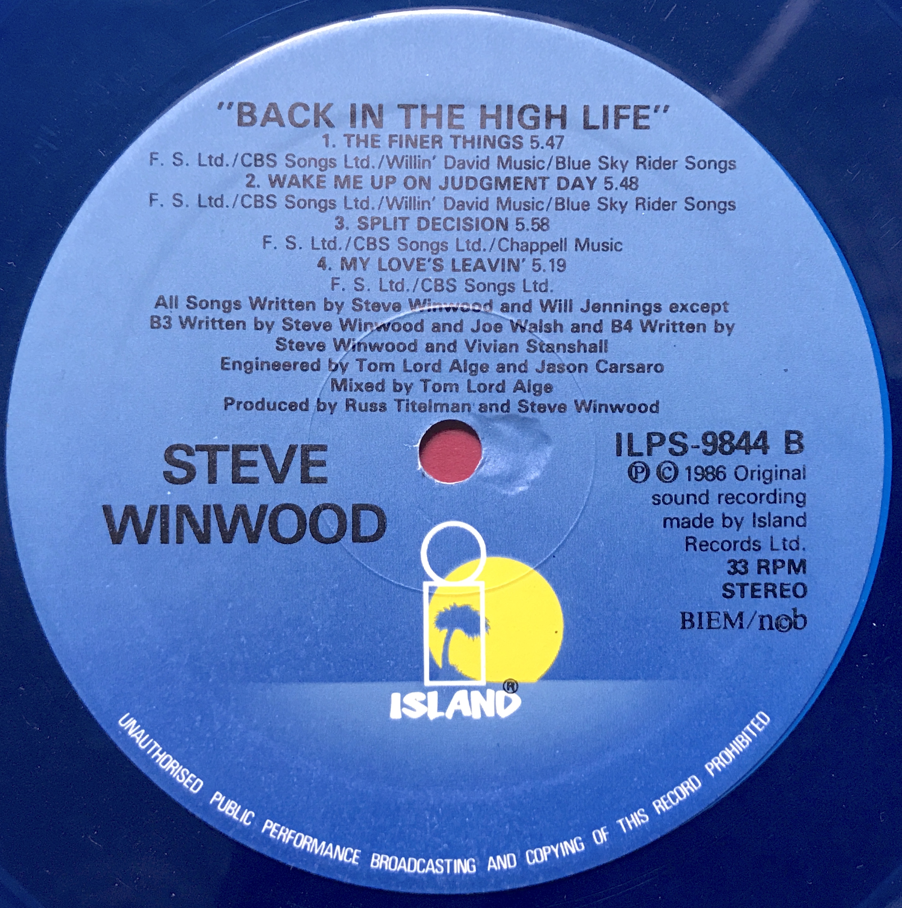 TRAFFIC / STEVIE WINWOOD - Back in the High life - ULTRA-RARE BLUE Vinyl LP 1986!  - 4
