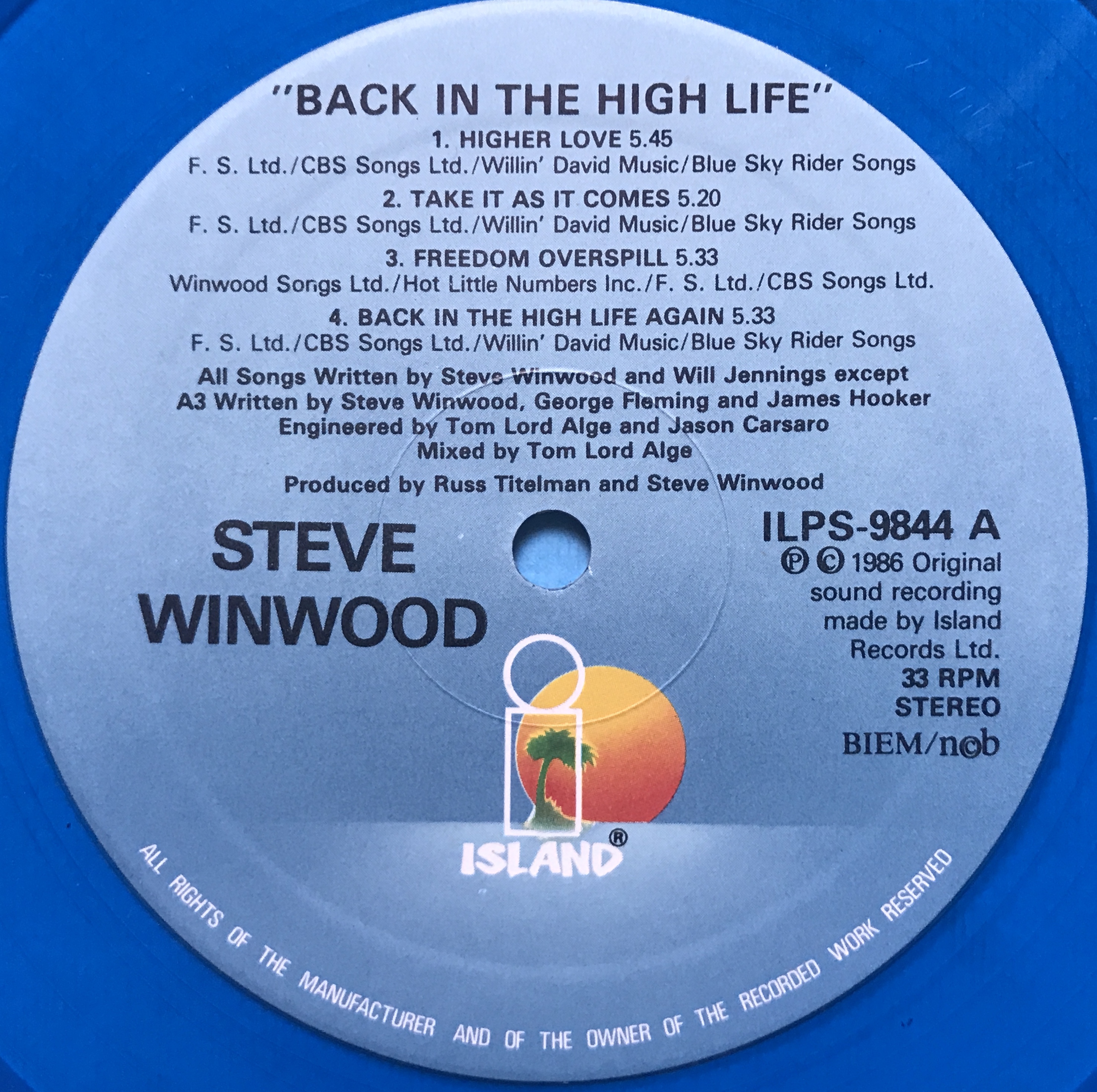 TRAFFIC / STEVIE WINWOOD - Back in the High life - ULTRA-RARE BLUE Vinyl LP 1986!  - 3