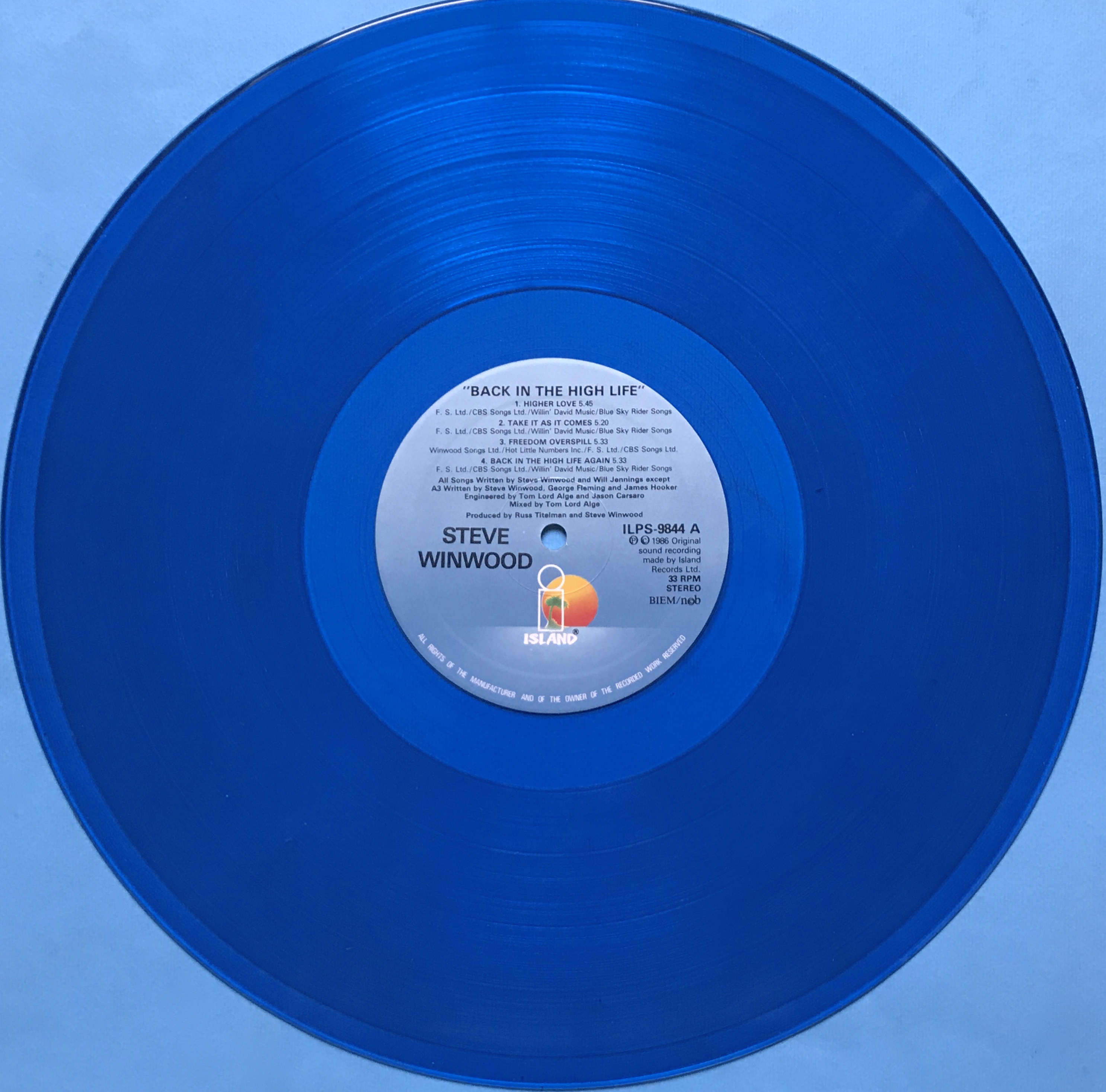 TRAFFIC / STEVIE WINWOOD - Back in the High life - ULTRA-RARE BLUE Vinyl LP 1986!  - 6