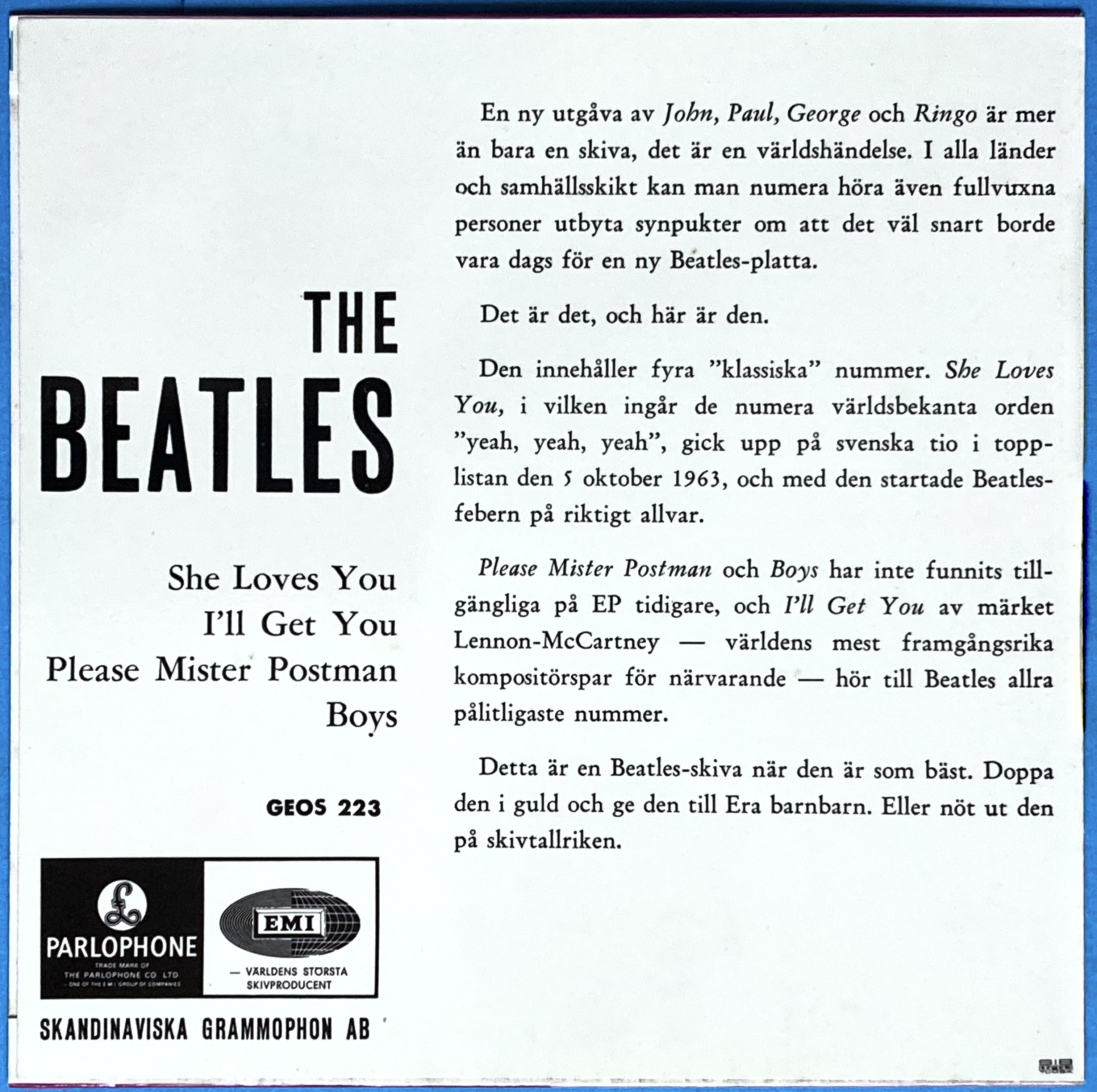 BEATLES - She loves you +3 Swe EP 1964 - 2