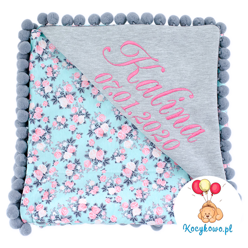 Babyfilt med barnets namn, rosa rosor