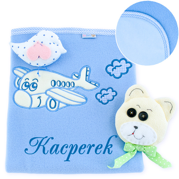 Fleece cotton blanket with baby's name and dedication. Airplane with clouds. Grey - 3