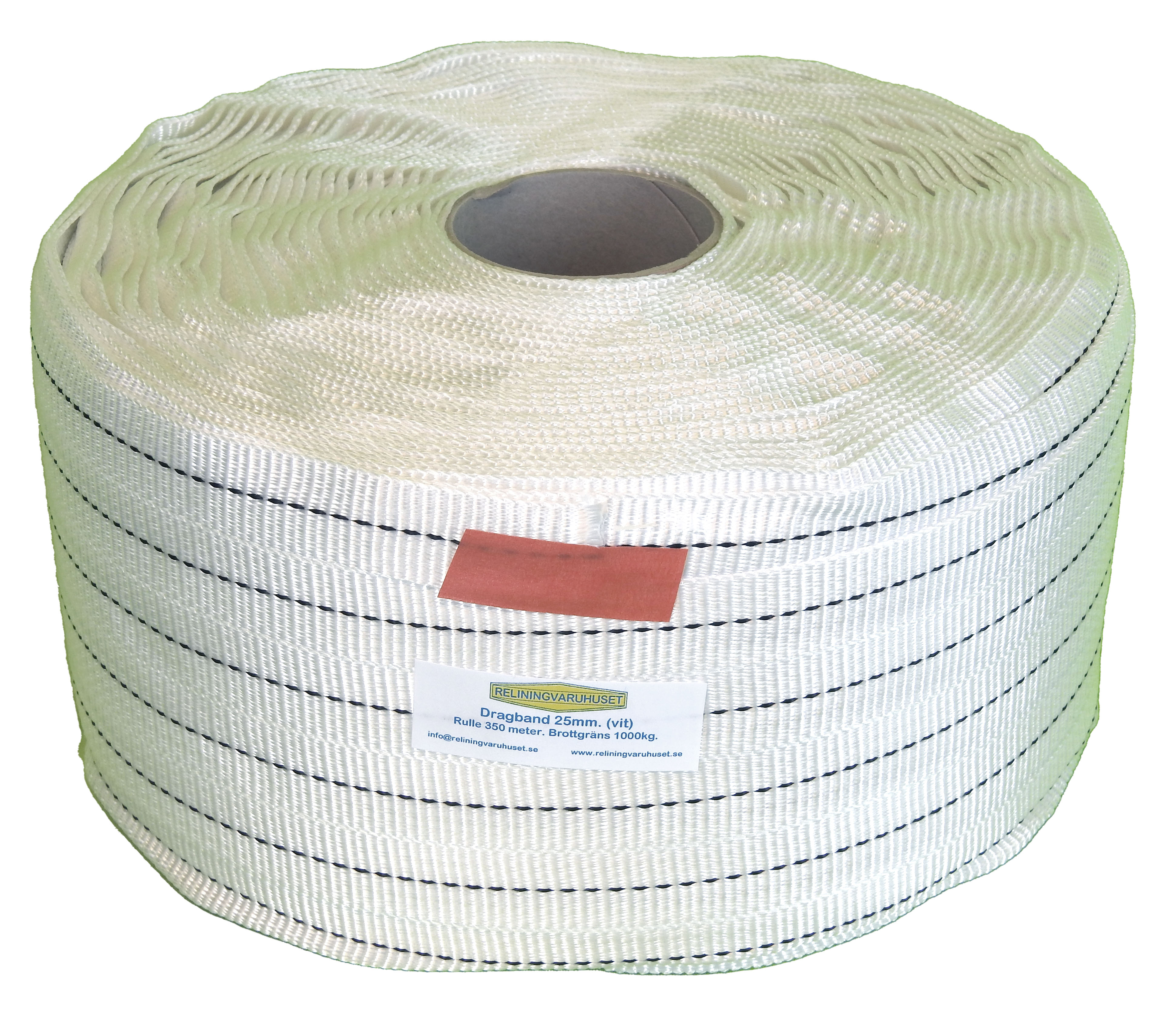 Dragband 25mm. Vit, rulle 350 meter.