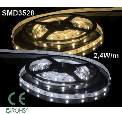 Ledtejp SMD3528 2,4W/m Varmvit, Vit el. Kallvit