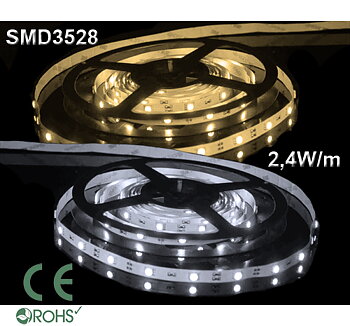 Ledtejp SMD3528 2,4W/m Varmvit, Vit el. Kallvit