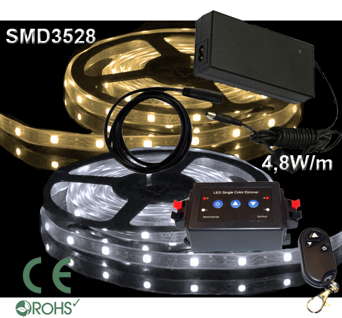 Ledtejp Dimbart Fjärrk. Kit SMD3528 4,8W/m Varmvit, Vit el. Kallvit