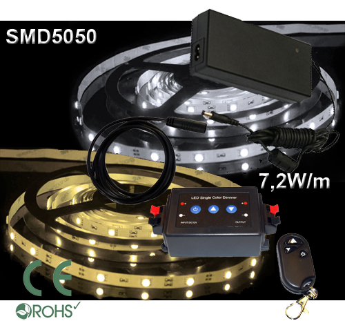 Ledtejp Dimbart Fjärrk. Kit SMD5050 7,2W/m Varmvit, Vit el. Kallvit