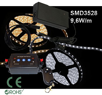 Ledtejp Dimbart Fjärrk. Kit SMD3528 9,6W/m Varmvit, Vit el. Kallvit