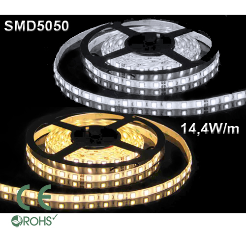 Ledtejp SMD5050 14,4W/m Varmvit, Vit el. Kallvit