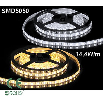 Ledtejp SMD5050 14,4W/m Varmvit, Vit el. Kallvit