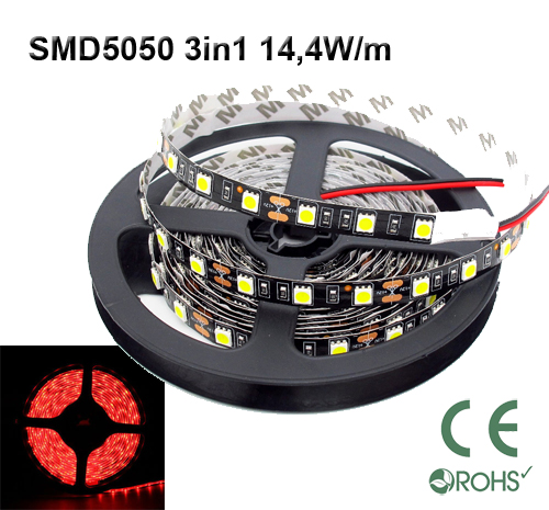 Ledtejp SMD5050 3in1 14,4W/m Röd ljusfärg Svart PCB