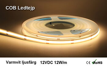 Ledtjep COB 12VDC 12W/m Varmvit ljusfärg