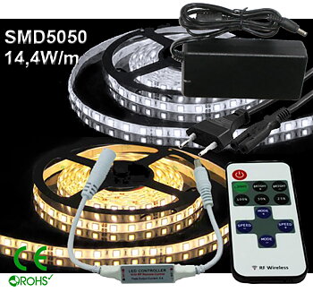Ledtejp Dimbart Microkontroller Kit SMD5050 14,4W/m Varmvit, Vit el. Kallvit
