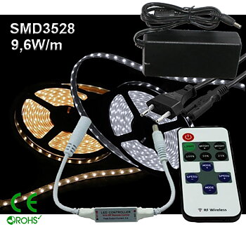 Ledtejp Dimbart Microkontroller Kit SMD3528 9,6W/m Varmvit, Vit el. Kallvit