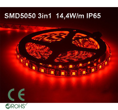 Ledtejp SMD5050 3in1 14,4W/m Röd Ljusfärg Svart PCB