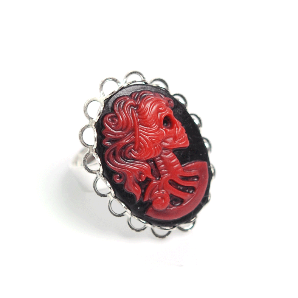 Ring Sweet Skull Cameo Stor (silver/röd)