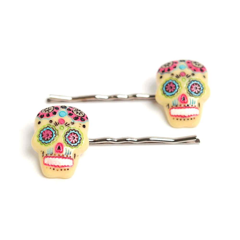 Hårspänne Sugar Skull (gul) 2st