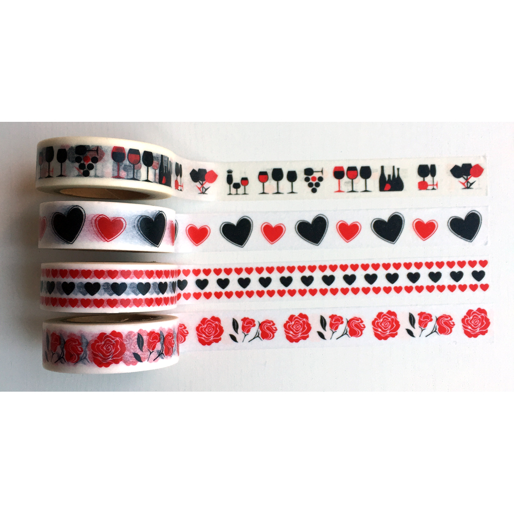 Paper tape washi, sydämet, ruusut ja viini