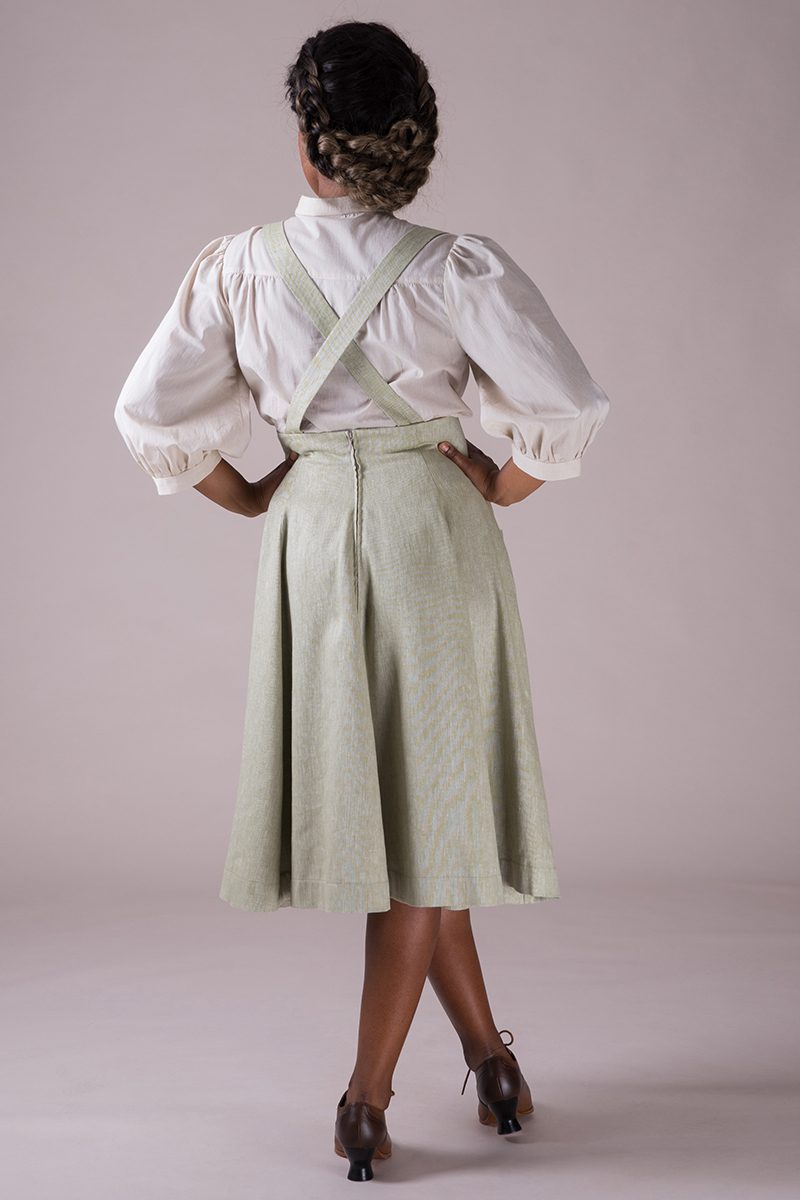 The perfect pinafore skirt. Sage green herringbone linen