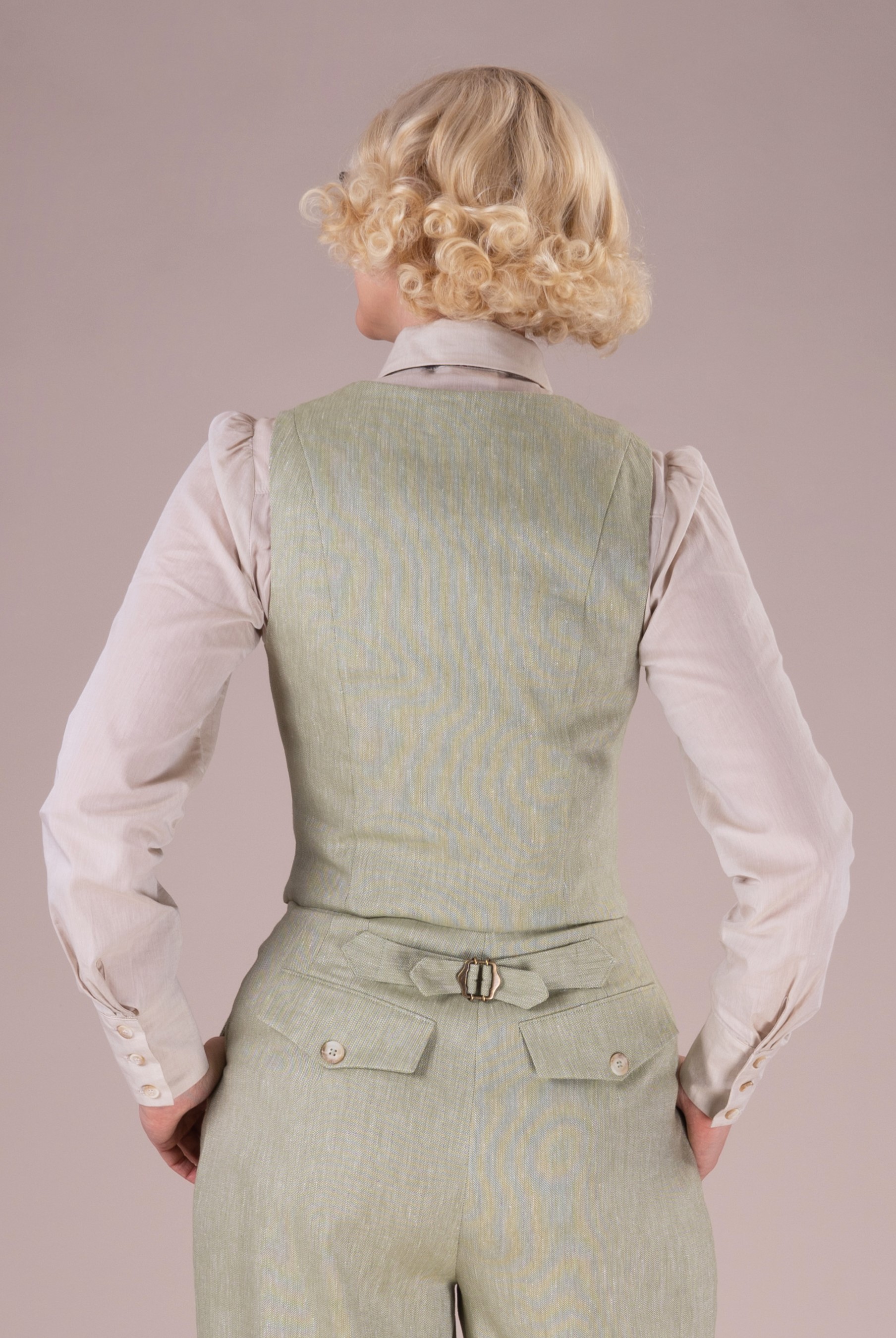 The Gentlewoman Waistcoat Sage Green Herringbone Linen Emmy Design 7835