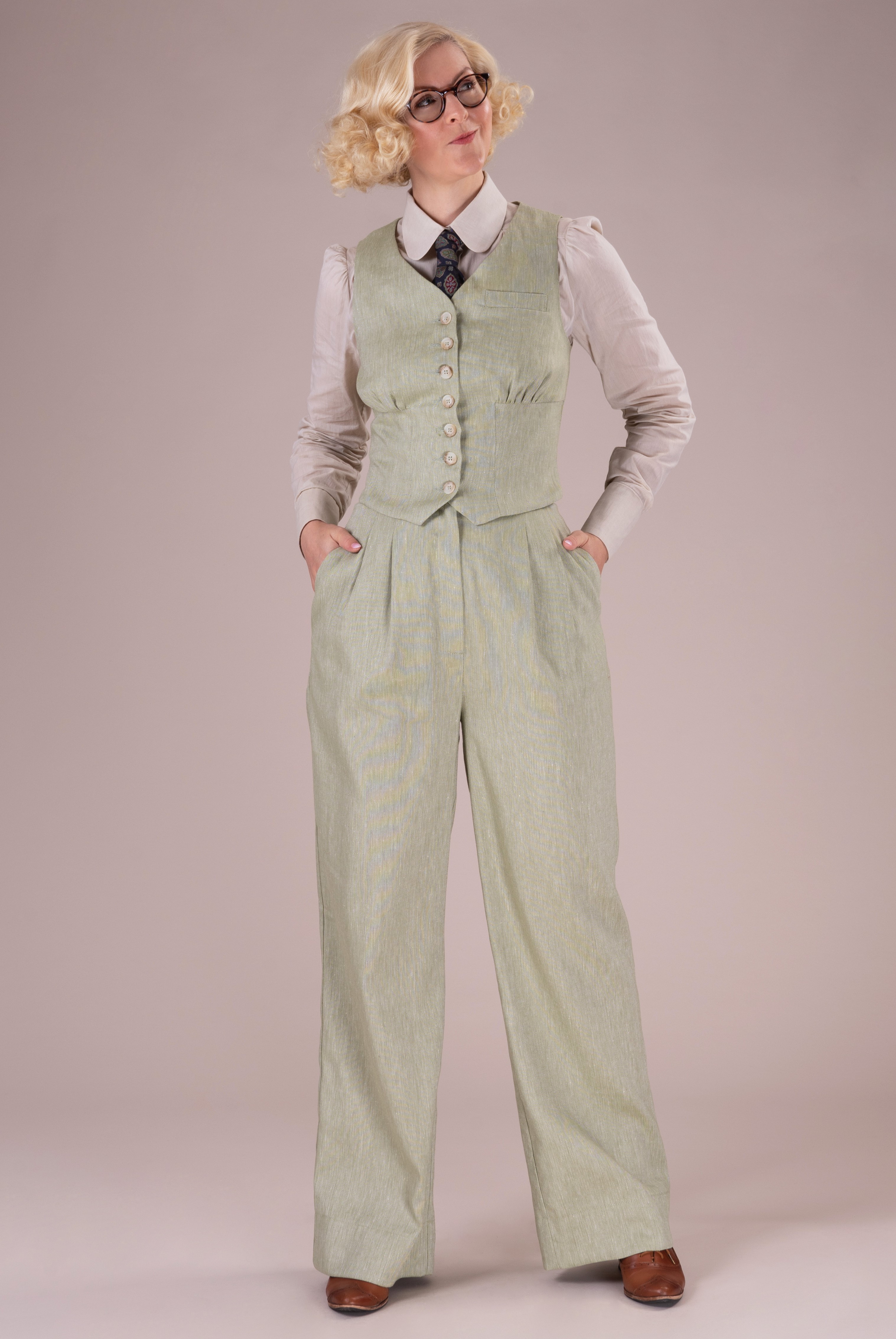 The Gentlewoman Waistcoat Sage Green Herringbone Linen Emmy Design 2570