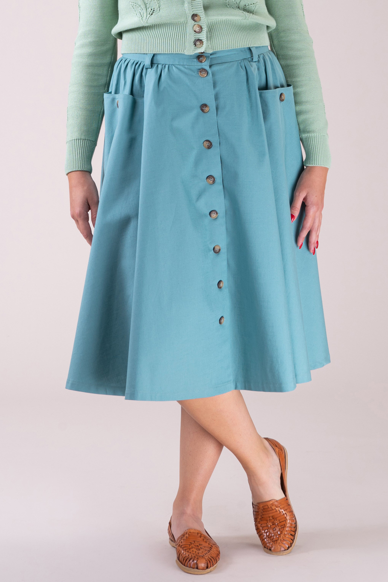 The bright as a button skirt. Stormy blue cotton. emmy design