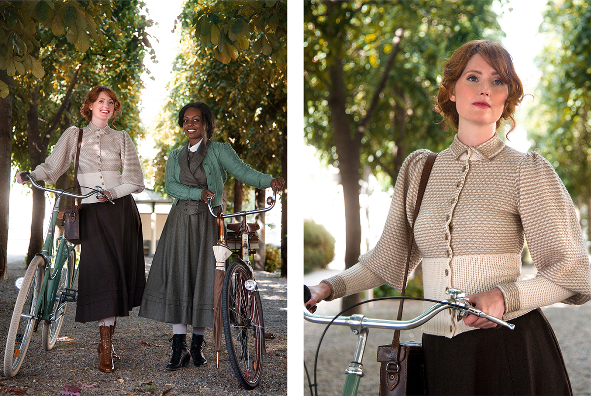 5_emmy design_AW23_vintage style tweed clothes_Edwardian cycling sweater cardigan_Edwardian skirt_Leg of mutton sleeves_Bike in tweed_tweed ride-01