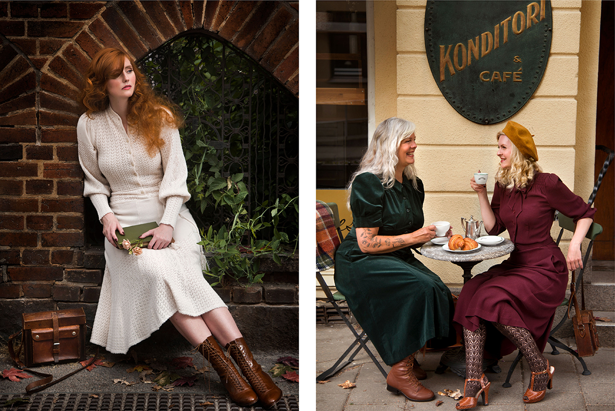 6_emmy design_AW23_vintage style Edwardian 1930s 1970s wool knit crochet dress_1940s plum crepe dress_bottle green corduroy dress_Autumn vintage-01