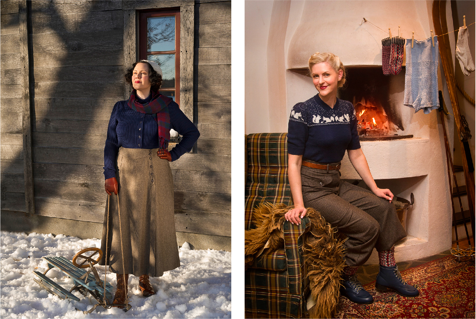 8_emmy design_AW24_Greetings from Snowy Sweden_Vintage style_1940s_Edwardian_Split skirt_Secret skirt_Wool sweater_Cardigan_Novelty sweater_Winter sports