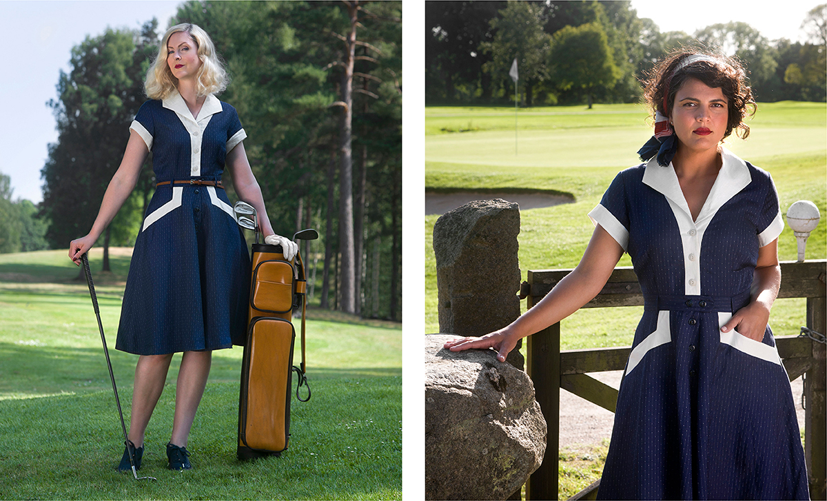 5_emmy design_SS24_vintage style clothes_1940s_1950s_The Dressmaker dress_Kate Winslet_Golf_Female golfer_Blue linen dress_Femme Fatale
