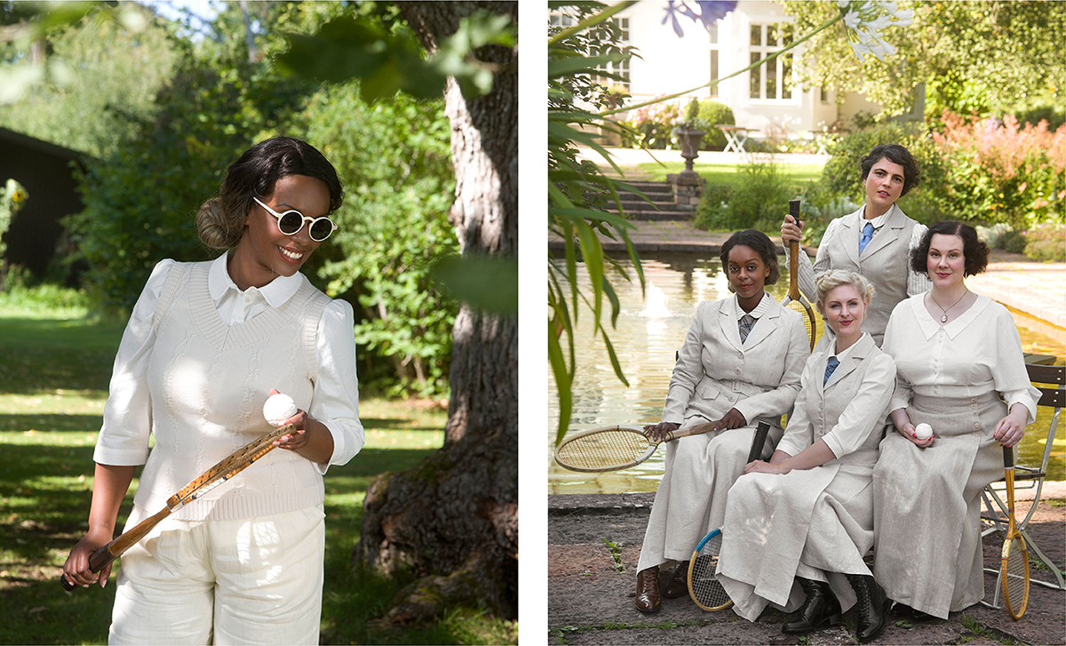 8_emmy design_SS24_vintage style clothes_1940s_Edwardian ladies_White cream sand linen_Waistcoat_Secret split skirt_Wool knit vest_Tennis