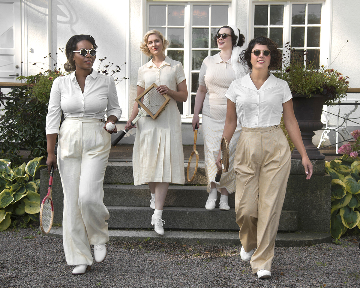 9_emmy design_SS24_vintage style clothes_1920s_1930s_Downton Abbey A New Era_White cream yellow linen_Cotton_Tennis dress_Pants_Slacks_Edith