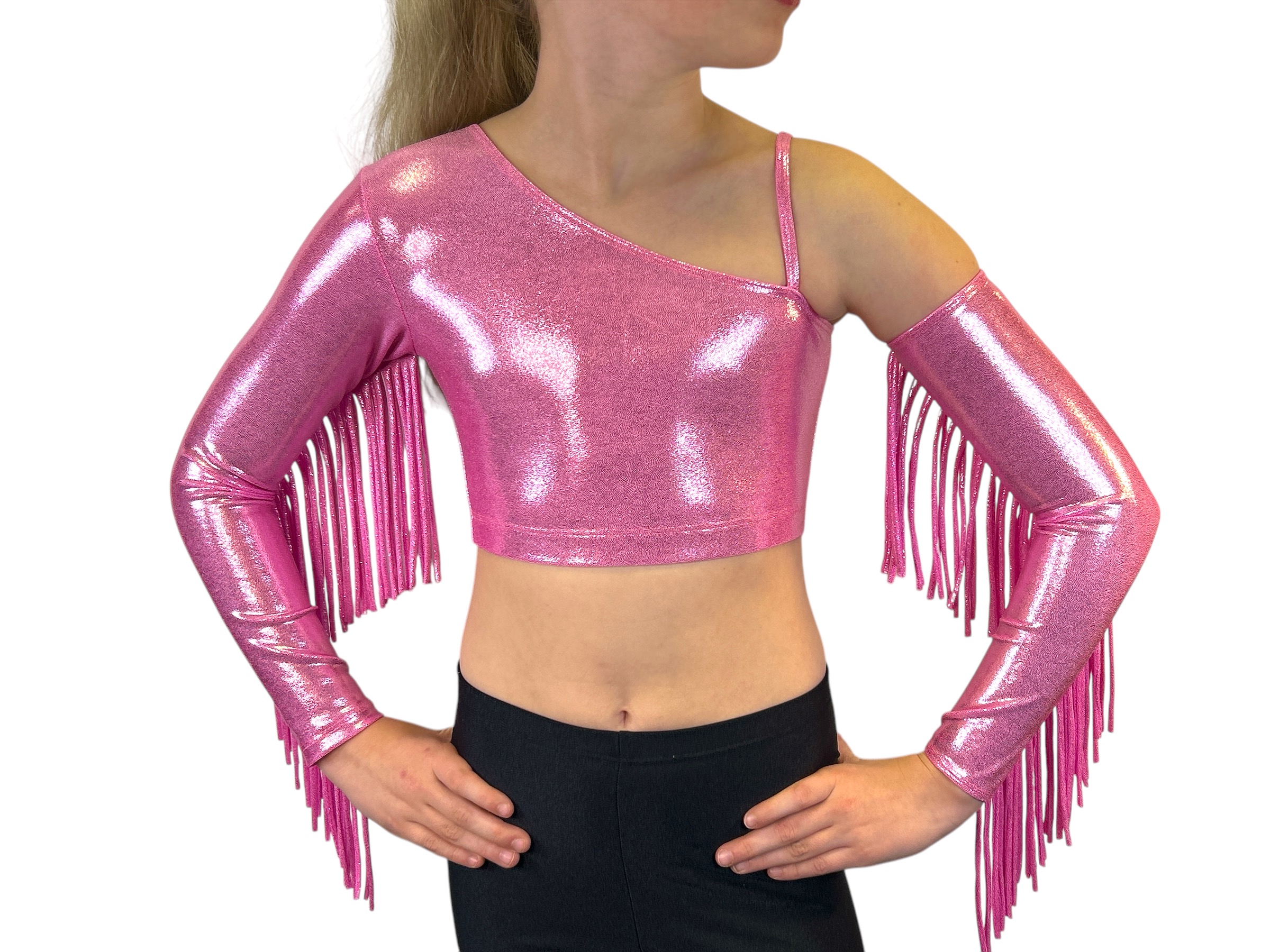 Showstore - Discotop Snedskuren med fransar i metallic lycra
