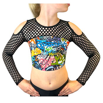 Showstore - Discotop Two-tone svart cabaretnät med GraFitti mönster, axelhål 