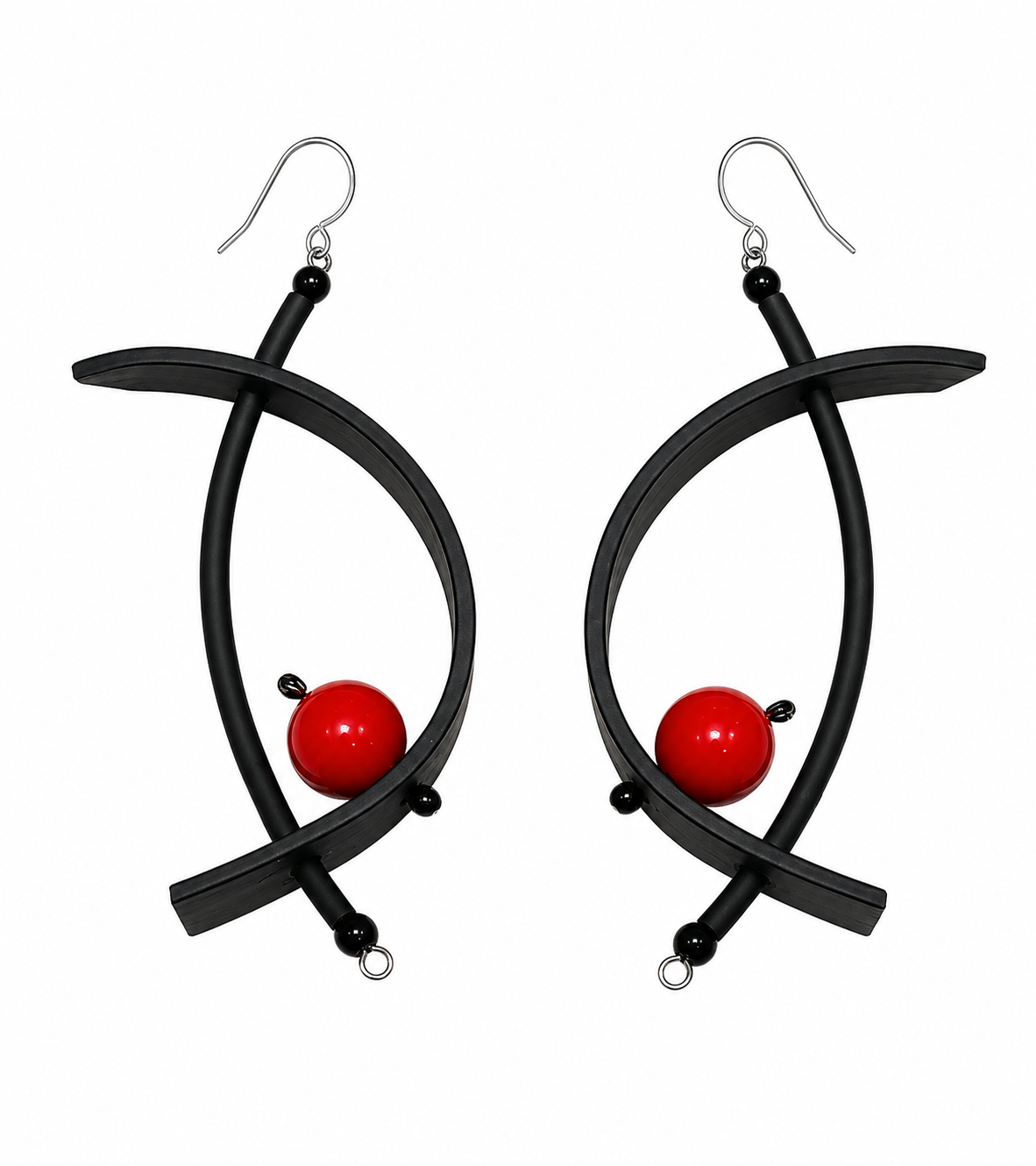 Earrings red corals black rubber 