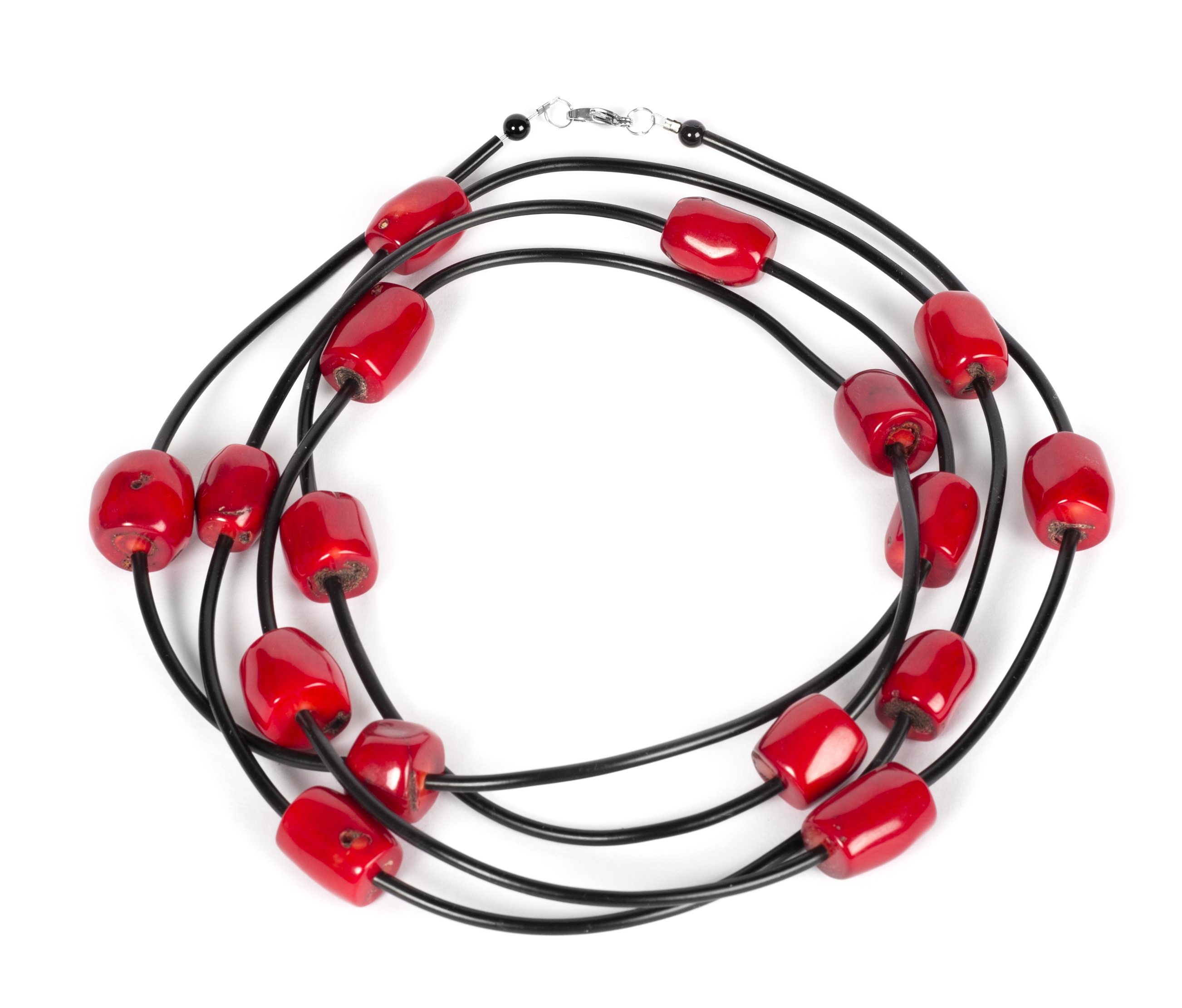 Set Necklace and braceletd red corals and black rubber - 4